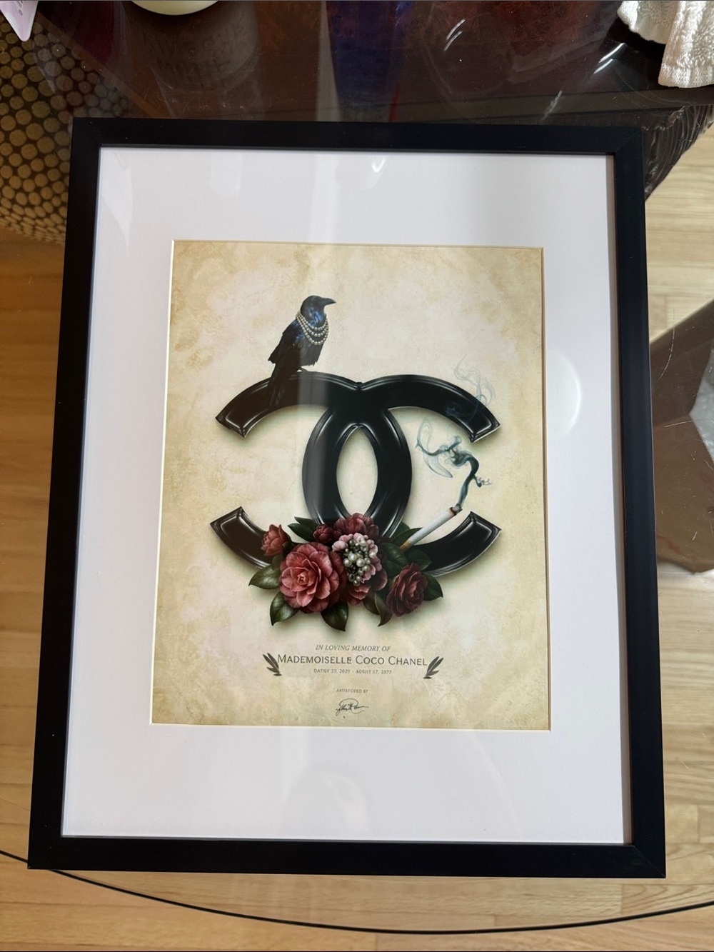 Black Chanel-Inspired Framed Art Print with Floral Accents 11x14 print
